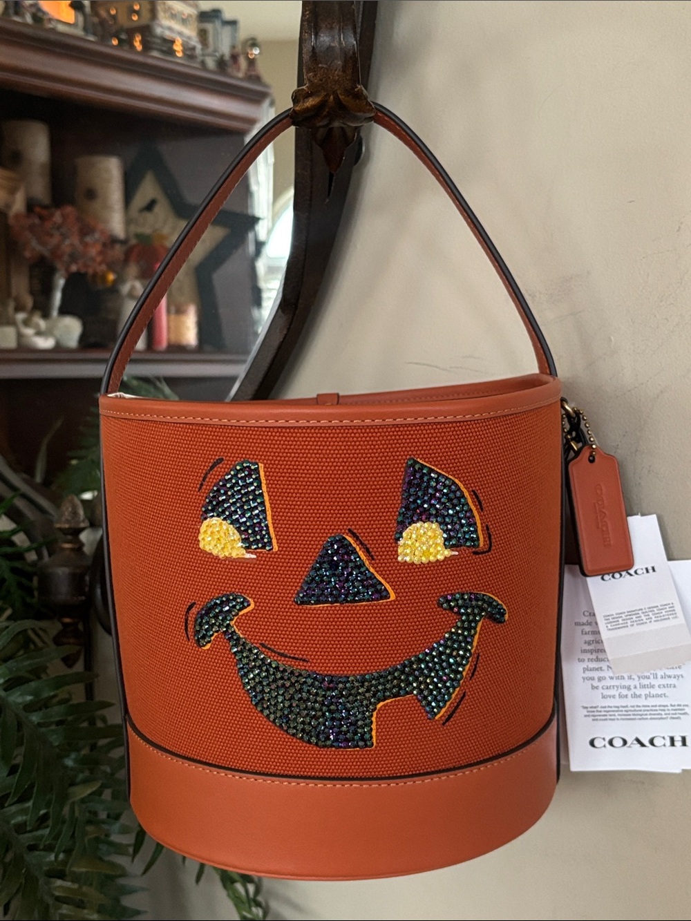 Coach CUSTOM Trick Or Treat Bucket Halloween Cotton Leather Jack-o'-lantern Tote